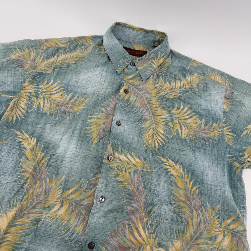 Tori Richard Mens Short Sleeve Button Down Shirt Teal Palm Leaf Tropical Large